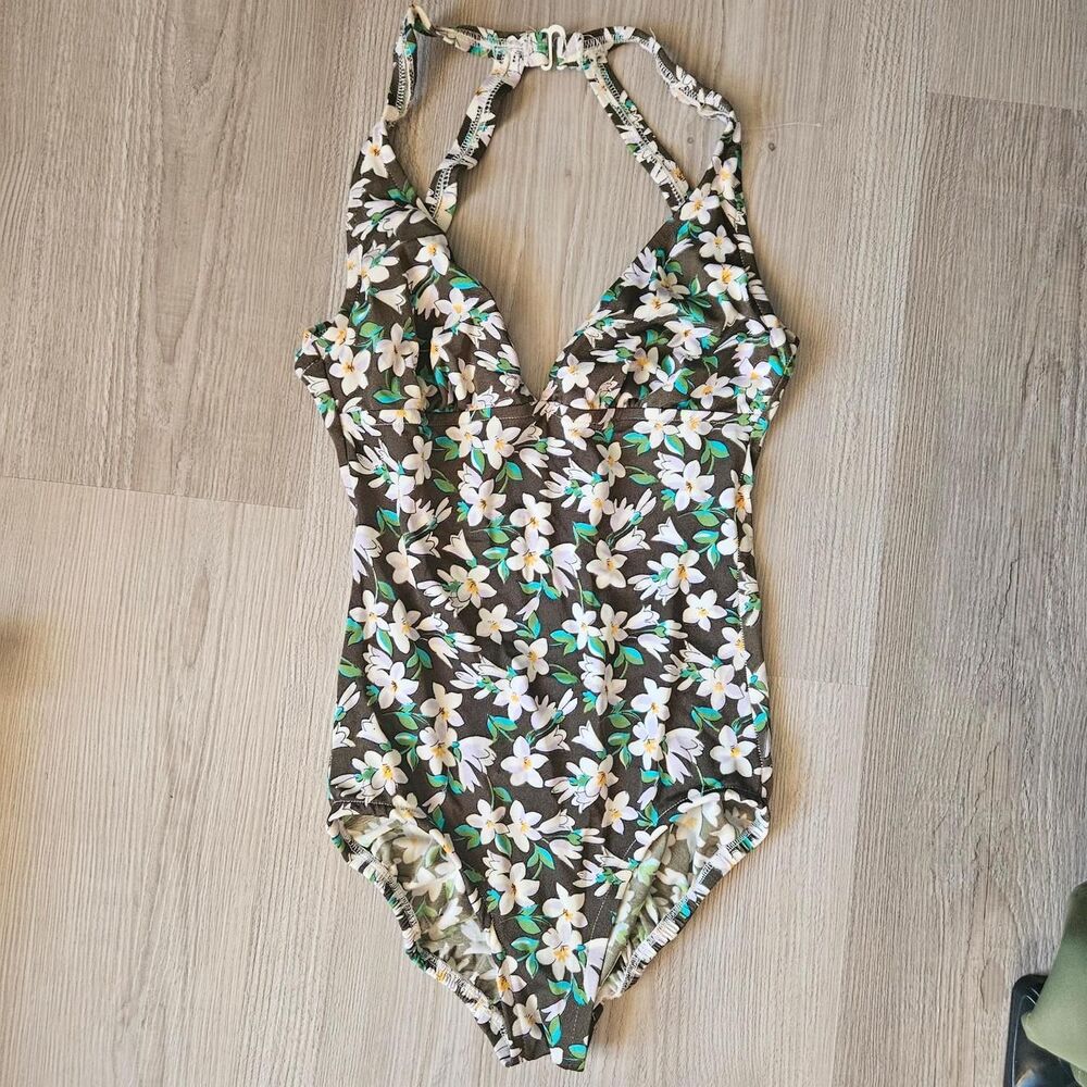 70s floral halter neck bathing suit backless